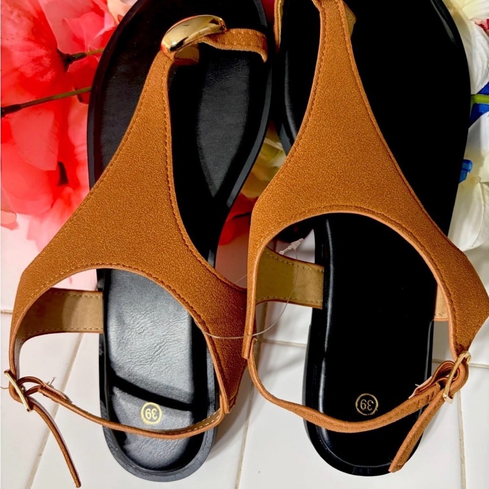 Classic Tan Slingback Flats with Gold Accent